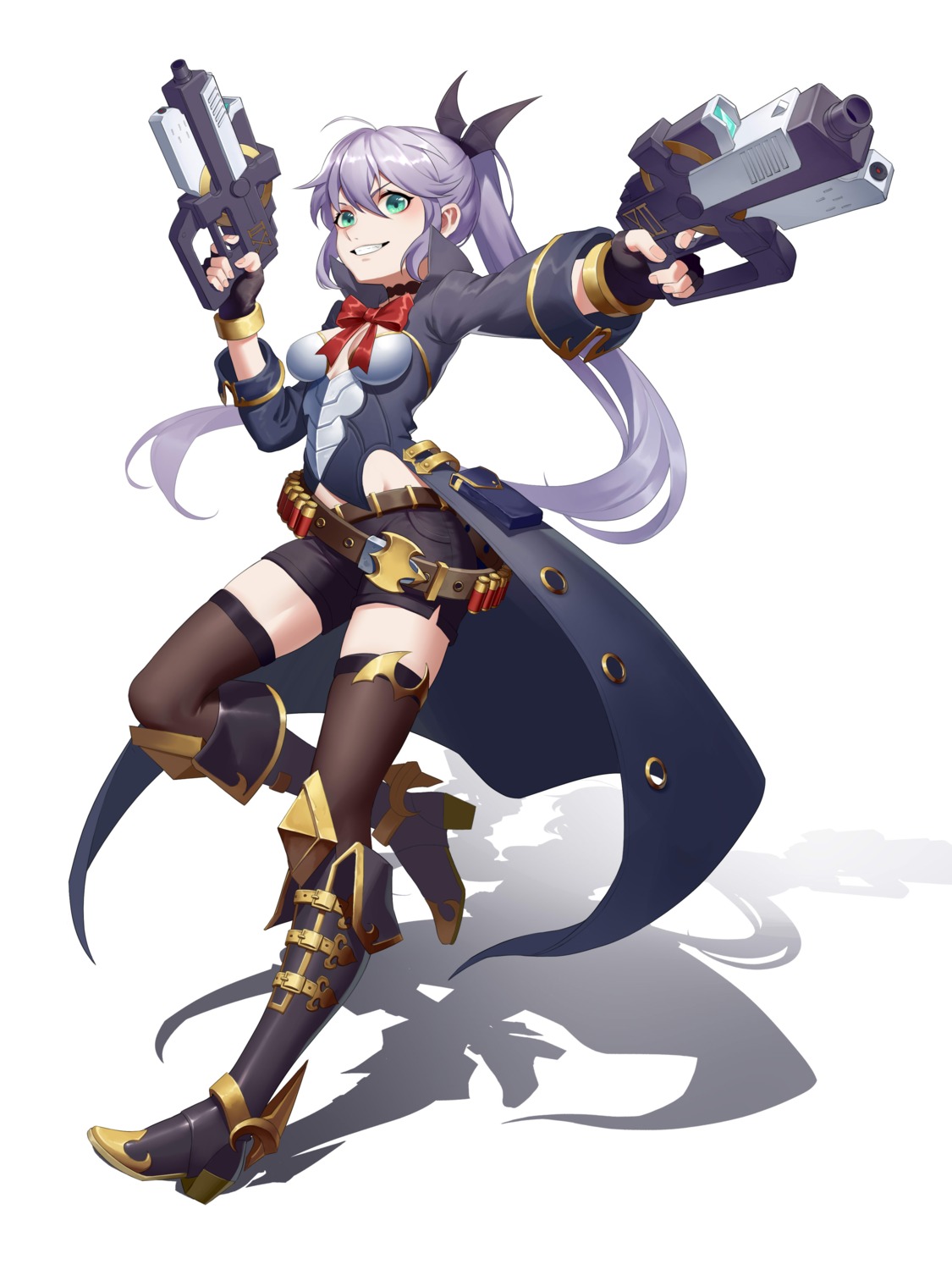 armor, cleavage, gun, heels, no_bra, nori_tamahana, thighhighs