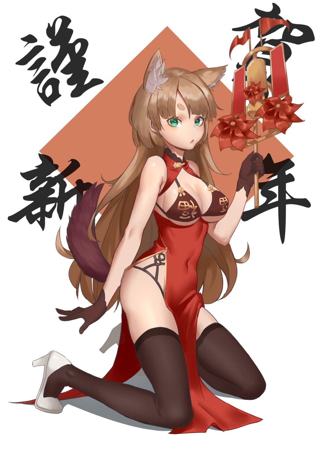 animal_ears, bikini, chinadress, fishnets, heels, nori_tamahana, swimsuits, tail, thighhighs