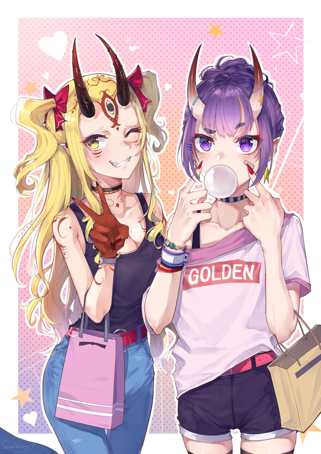 bandaid, cleavage, fate/grand_order, horns, ibaraki_douji_(fate), kaer_sasi_dianxia, pointy_ears, shuten_douji_(fate)