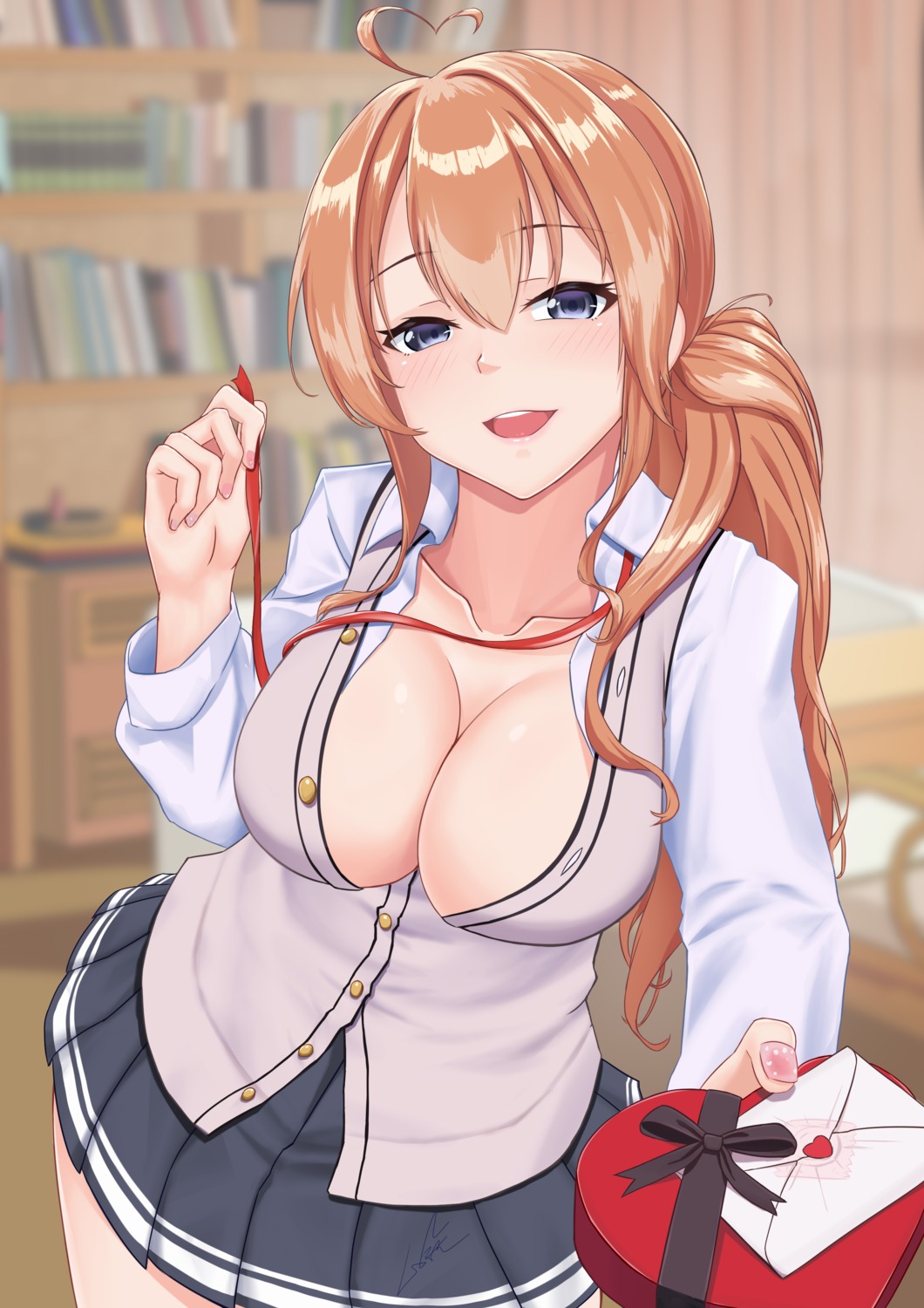cleavage, lazgear, mogami_(zhanjianshaonv), open_shirt, seifuku, sweater, valentine, zhanjianshaonv