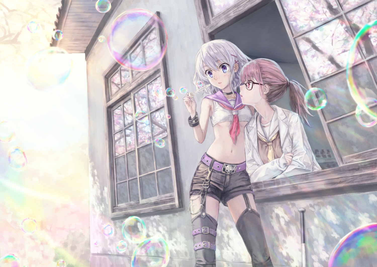 54cr, garter, megane, no_bra, seifuku, stockings, thighhighs, underboob
