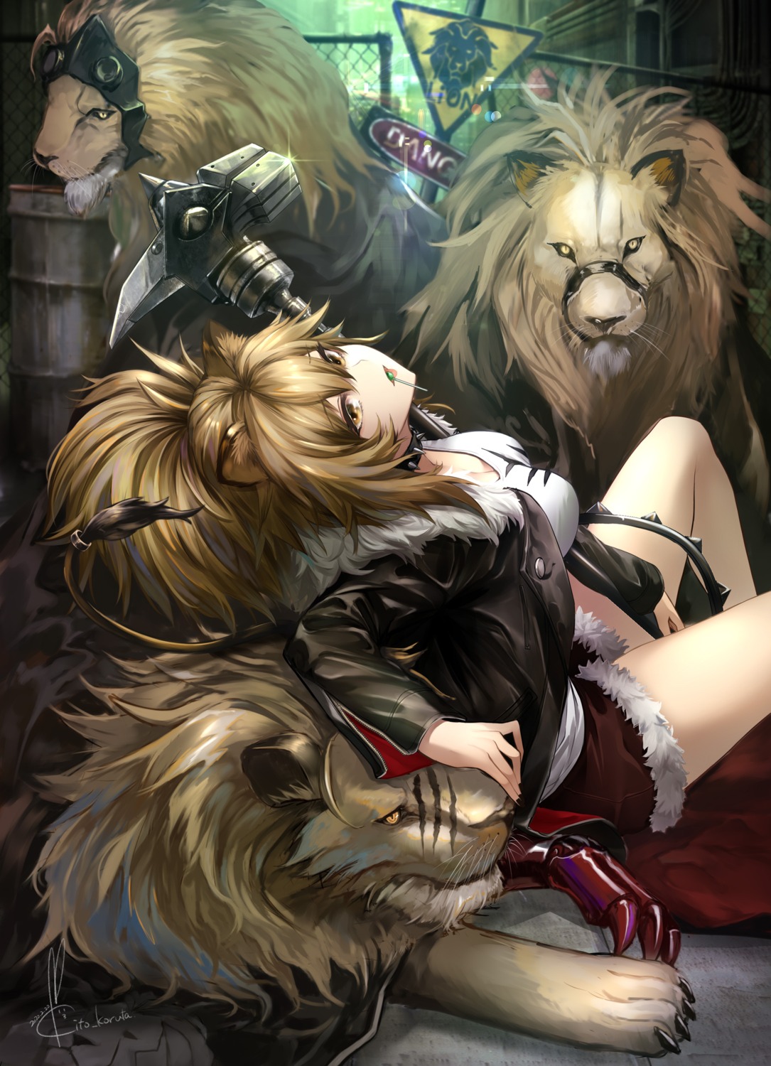 animal_ears, arknights, cleavage, koruta_(nekoimo), siege_(arknights), weapon