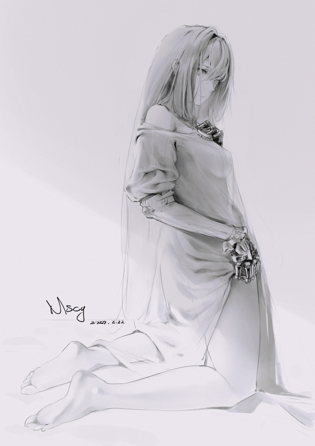 dress, mecha_musume, miyama_tsubaki_me, monochrome, see_through, violet_evergarden, violet_evergarden_(character)