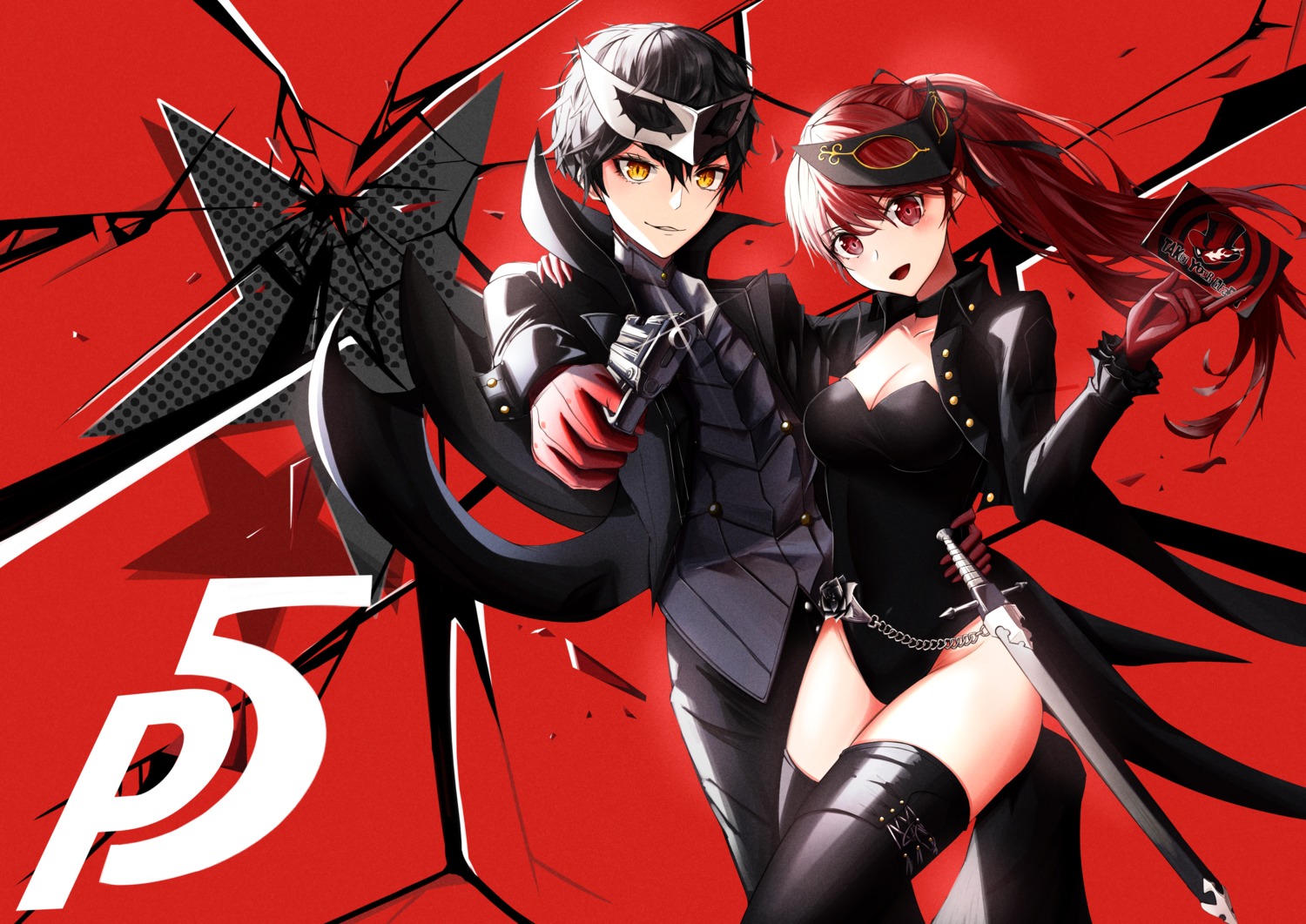 amamiya_ren, bexercube, cleavage, gun, persona_5, sword, thighhighs, yoshizawa_kasumi