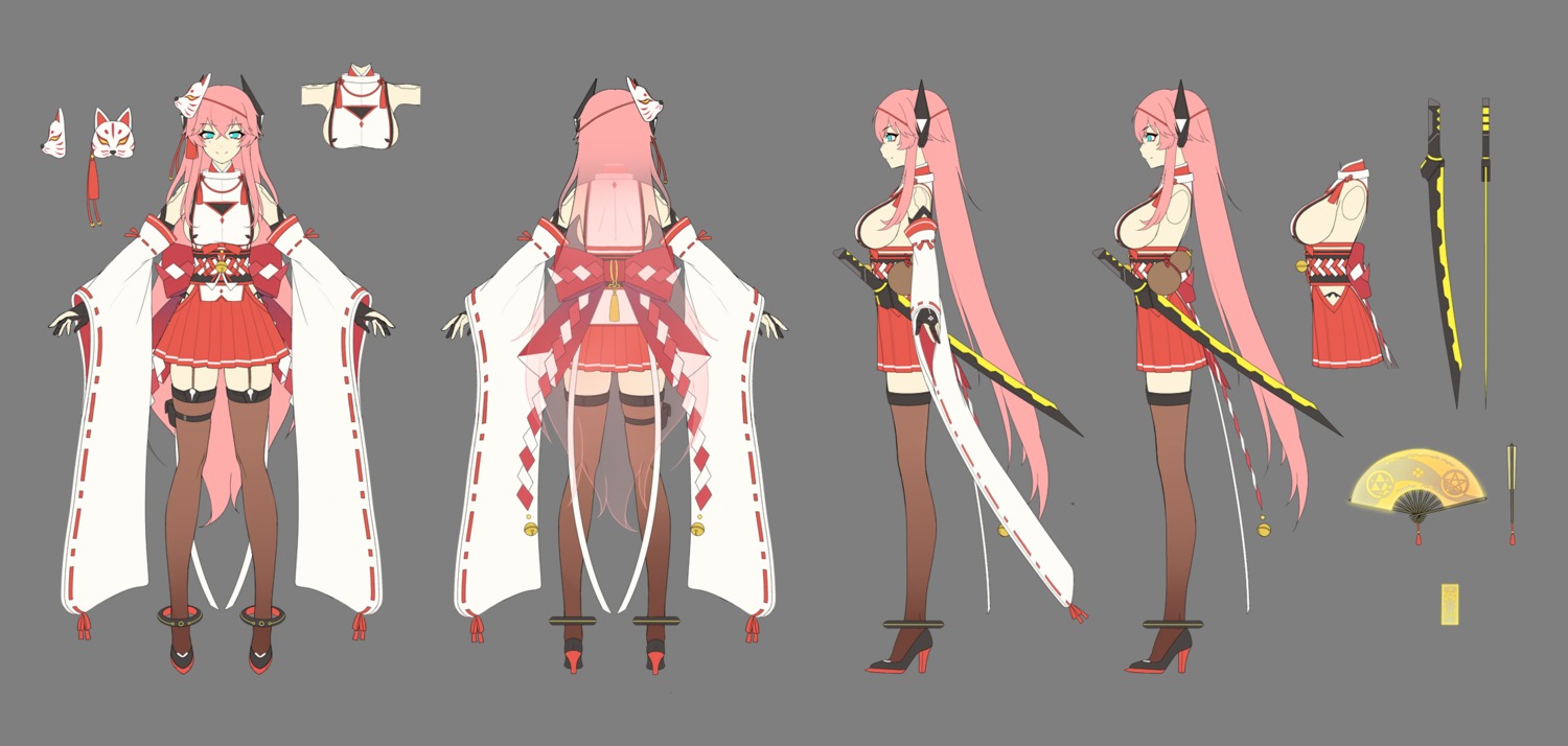character_design, garter, heels, horns, japanese_clothes, mie_tu_jiu_jiu, stockings, sword, thighhighs