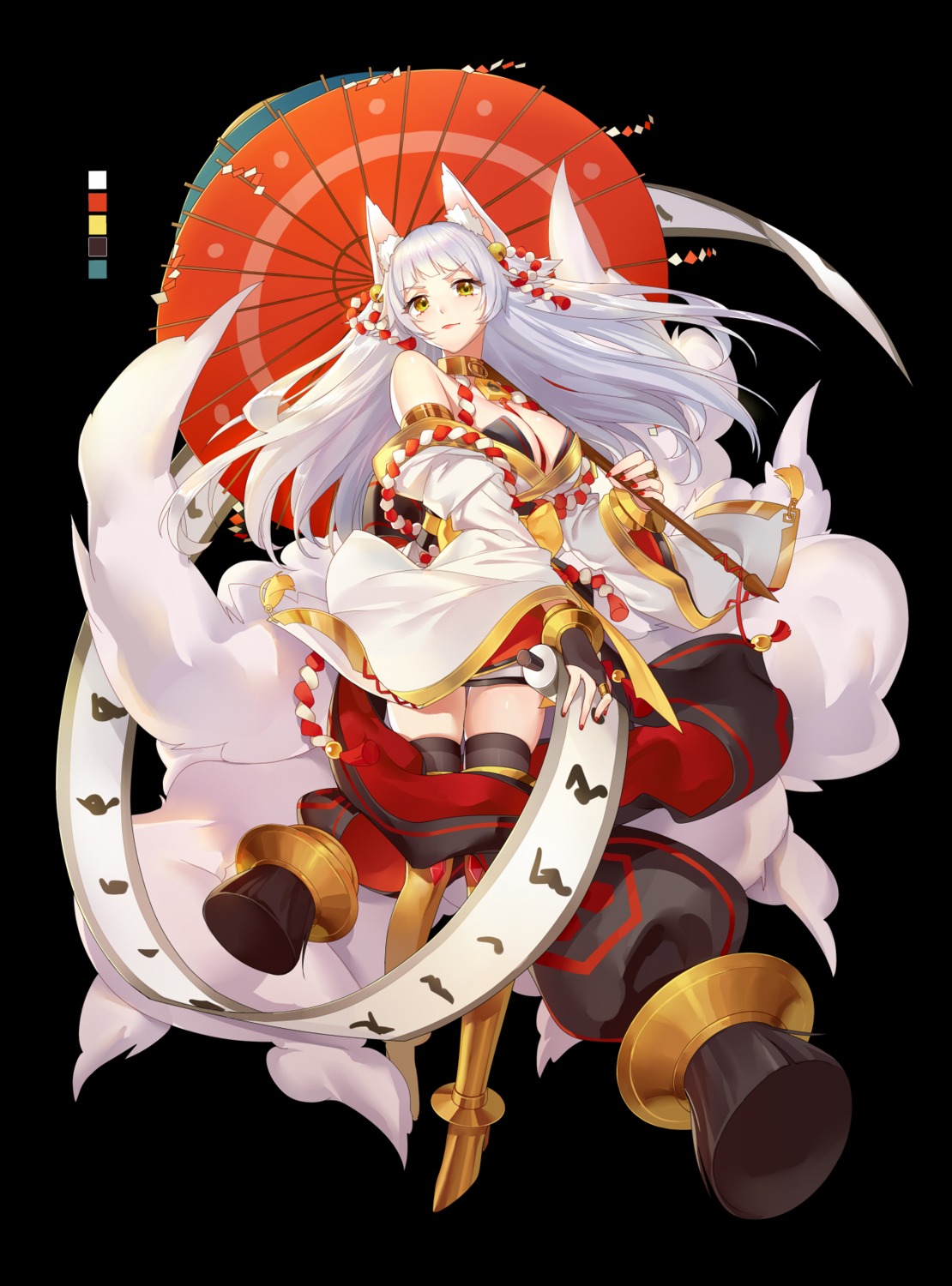 animal_ears, armor, cleavage, hime_collection, japanese_clothes, kitsune, mie_tu_jiu_jiu, no_bra, tail, thighhighs, umbrella