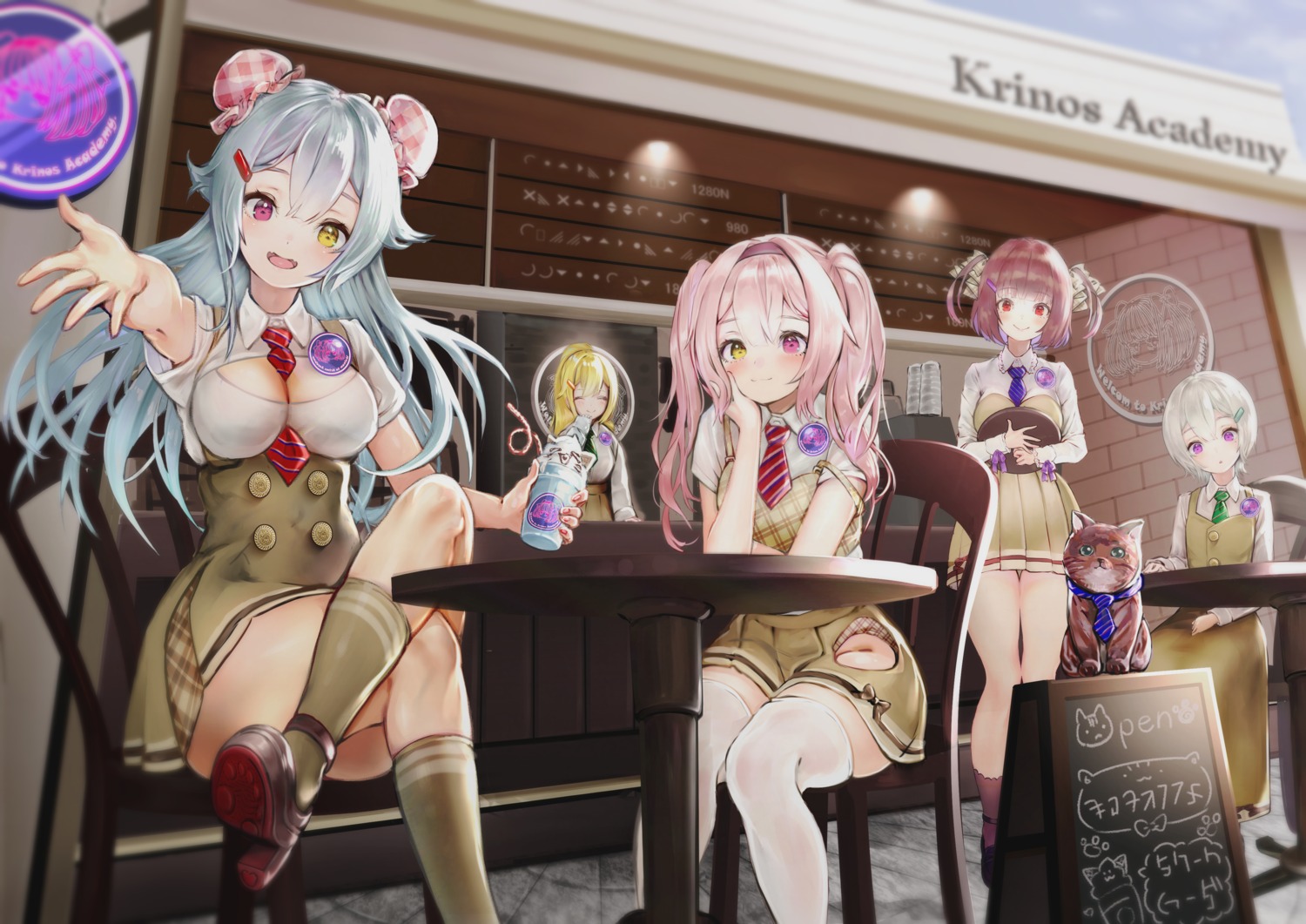cleavage, heels, neko, rasukii_(pamiton), thighhighs, uniform, waitress