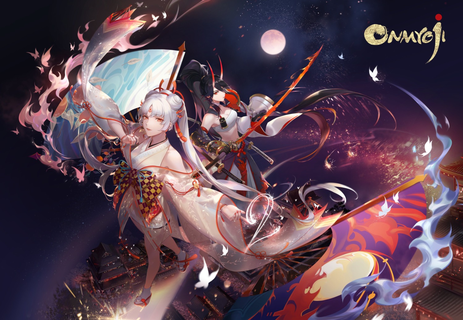 callarinc, cleavage, horns, japanese_clothes, onmyouji, see_through, shiranui_(onmyouji), sword
