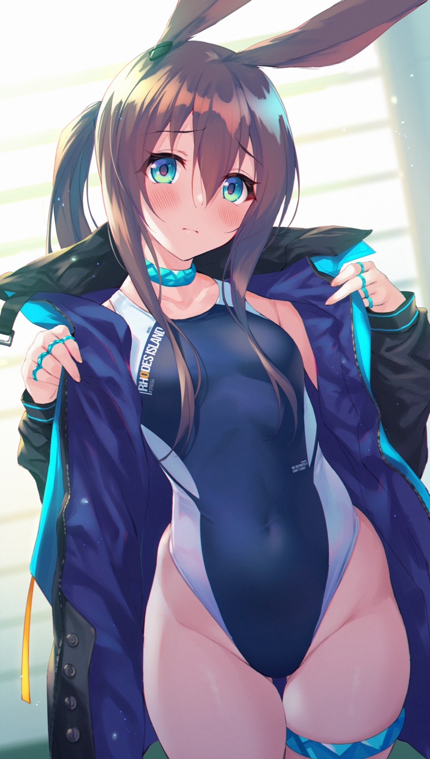 amiya_(arknights), animal_ears, arknights, bunny_ears, fukai_ryosuke, garter, swimsuits, undressing