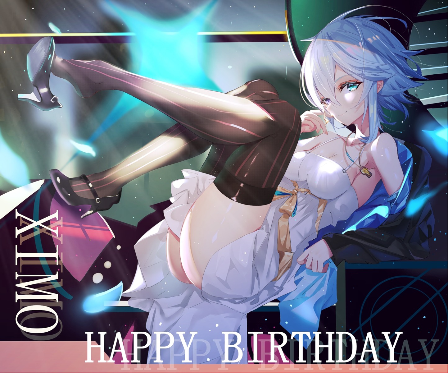 cleavage, dress, heels, heterochromia, revdol!_virtual_idols_next_to_you, skirt_lift, thighhighs, zhongwu_chahui