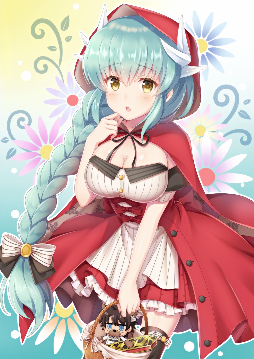 animal_ears, big_bad_wolf, chibi, cleavage, cosplay, dress, fate/grand_order, garter