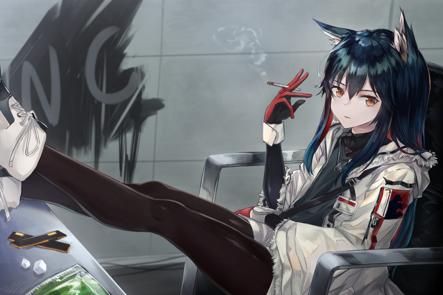 animal_ears, arknights, hakua_mill, pantyhose, smoking, texas_(arknights)