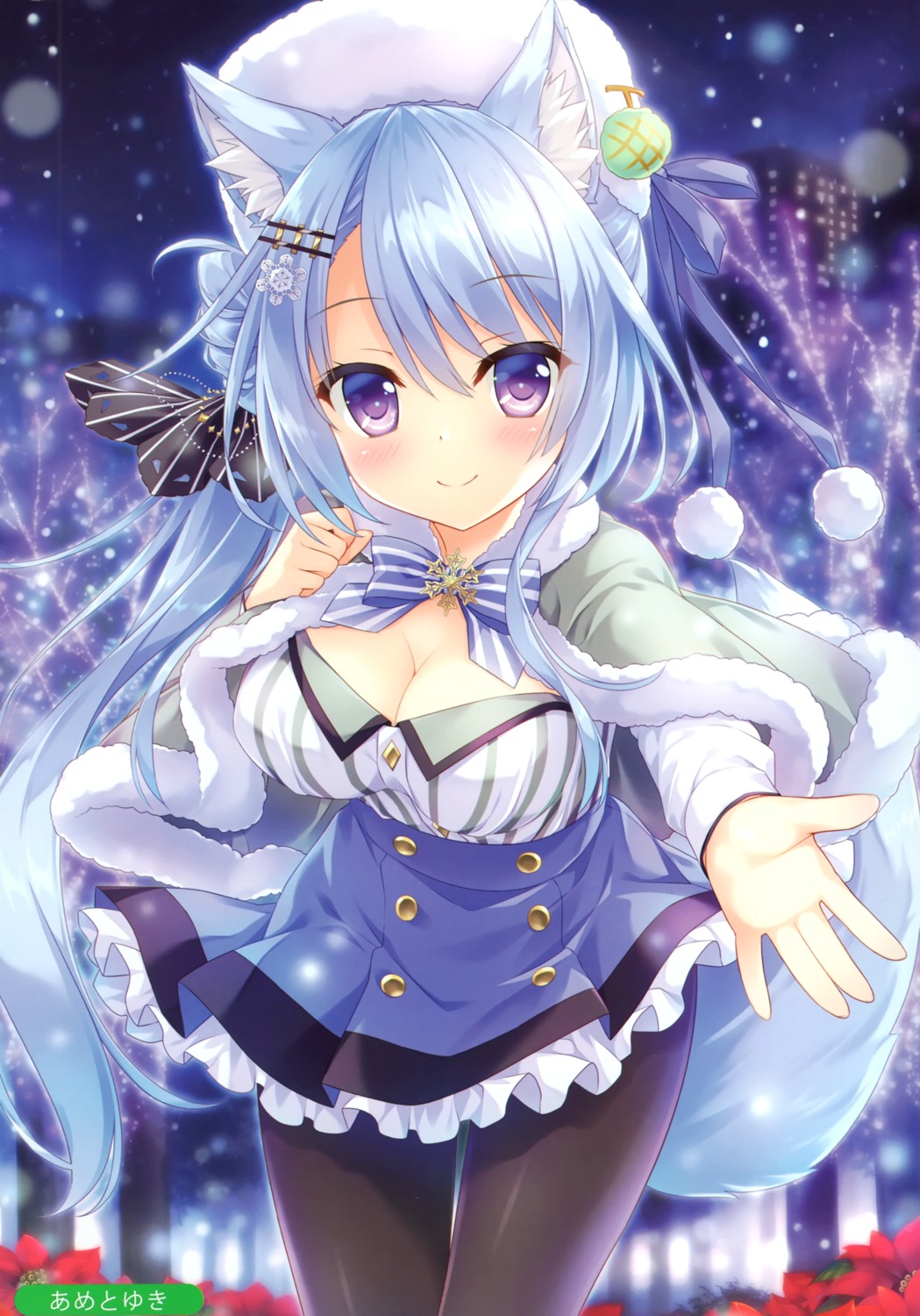 ameto_yuki, animal_ears, cleavage, ekichou_kitsune_(ameto_yuki), kitsune, melonbooks, pantyhose, skirt_lift, tail