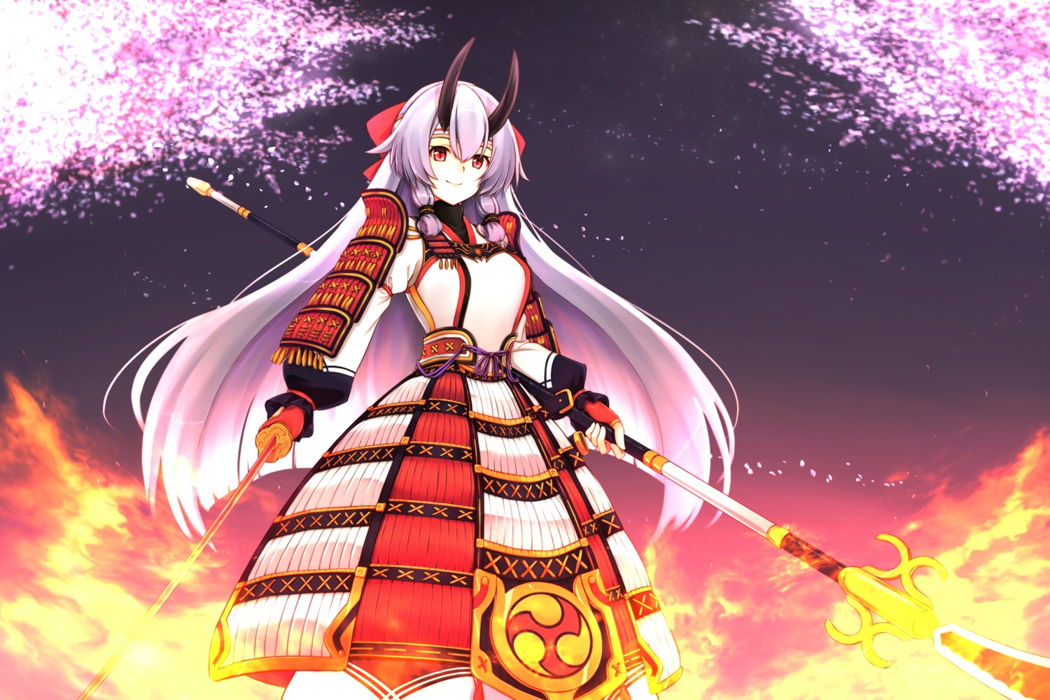 armor, fate/grand_order, horns, japanese_clothes, sword, tohoho_(hoshinoyami), tomoe_gozen_(fate), weapon