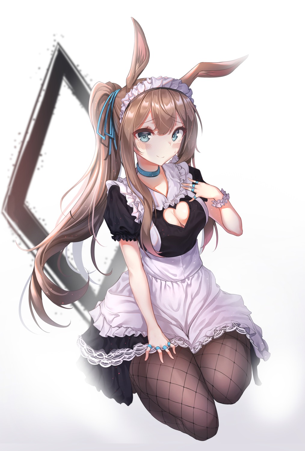 amiya_(arknights), animal_ears, arknights, bunny_ears, cleavage, fishnets, maid, mecha_(alswp)