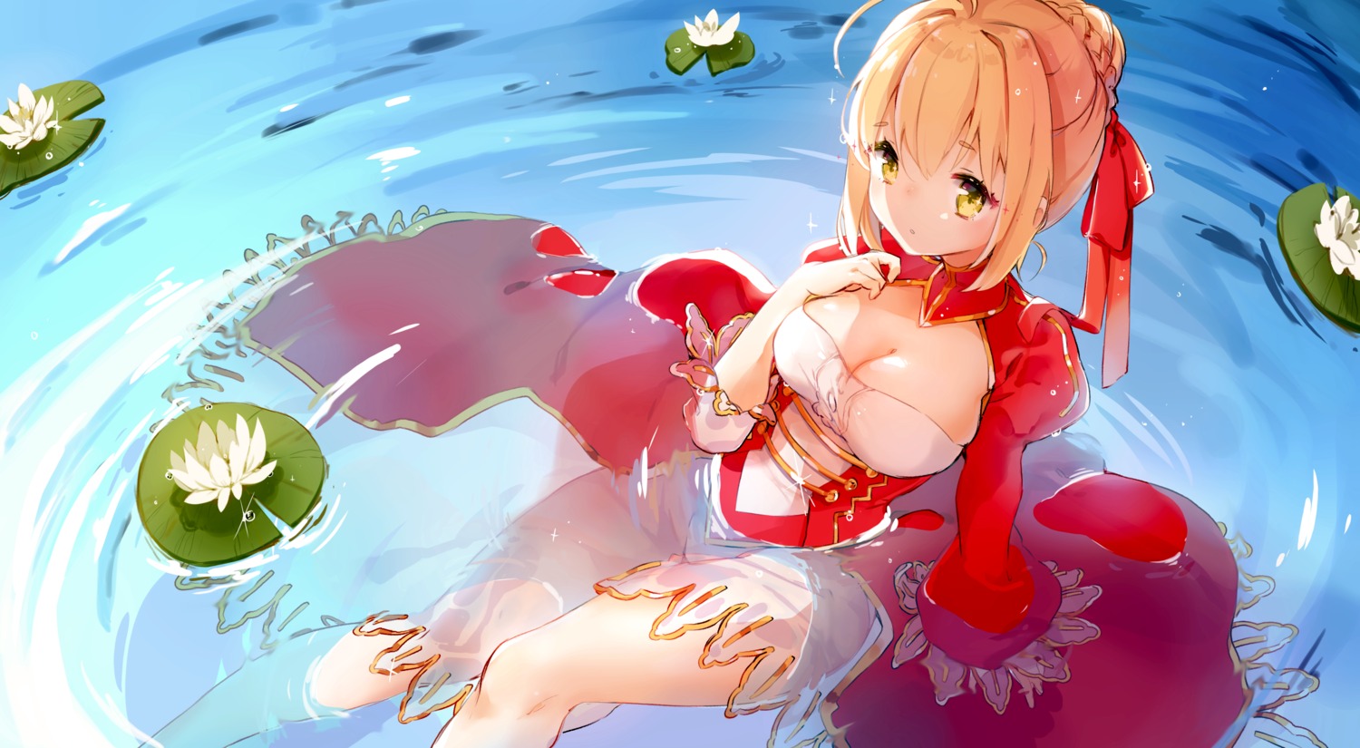 artoria_pendragon_(fate), dress, fate/grand_order, nero_claudius_(fate), see_through, wet, wet_clothes, yenkoes