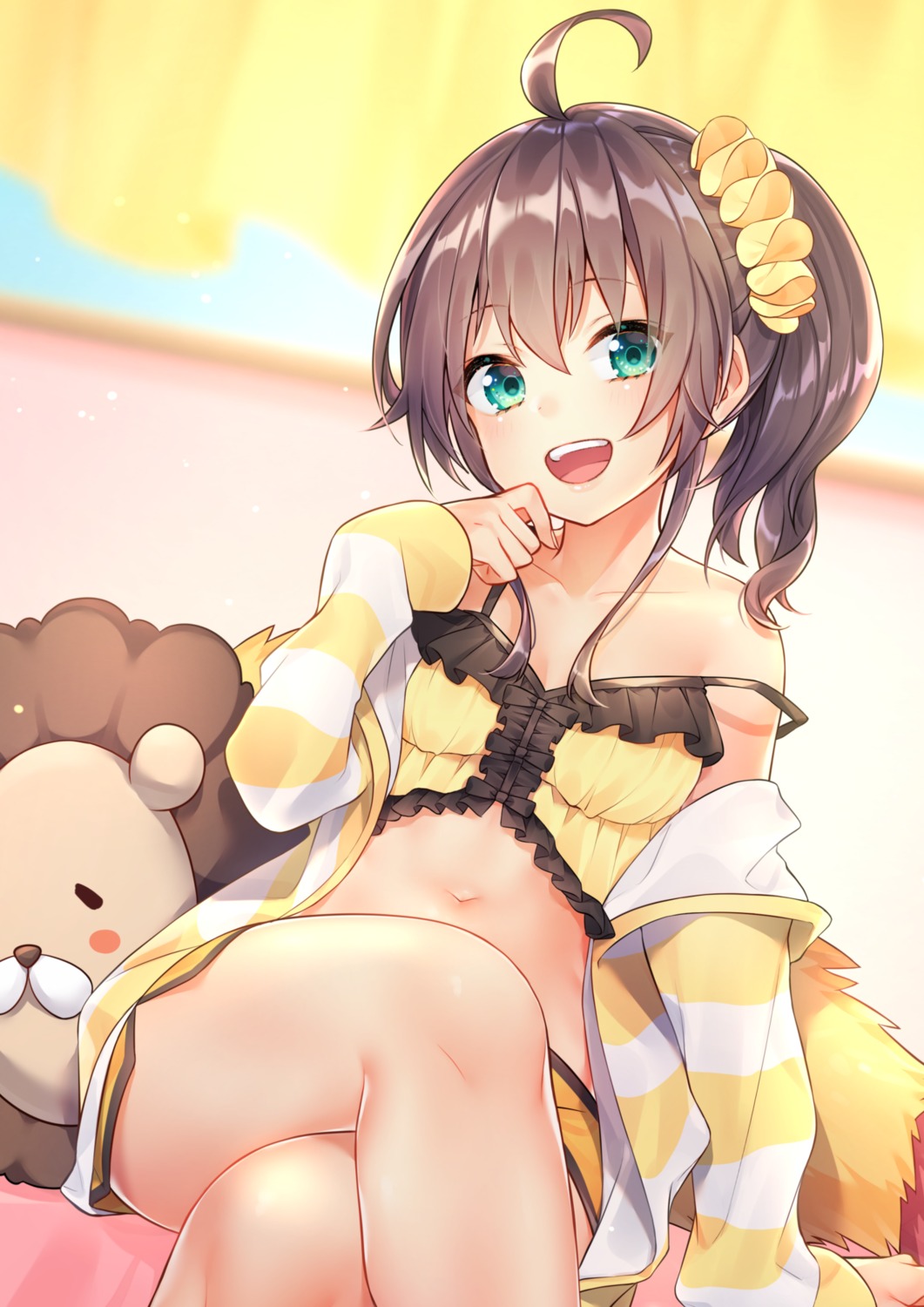 cleavage, hololive, kitazume_kumie, lingerie, natsuiro_matsuri, open_shirt