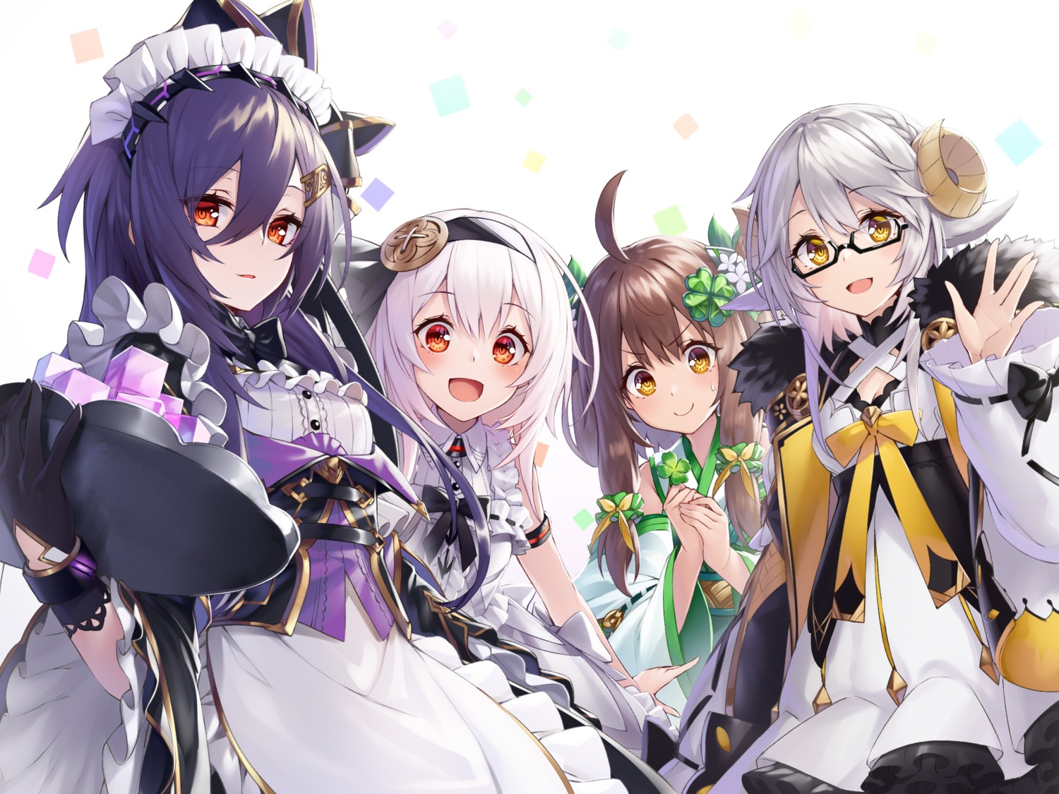 animal_ears, breast_hold, chabaneko, cleavage, hop_step_jumpers, horns, japanese_clothes, maid, megane