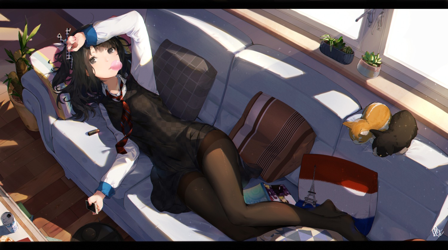 artist_revision, pantyhose, seifuku, skirt_lift, sweater, yamano_(yamanoh)