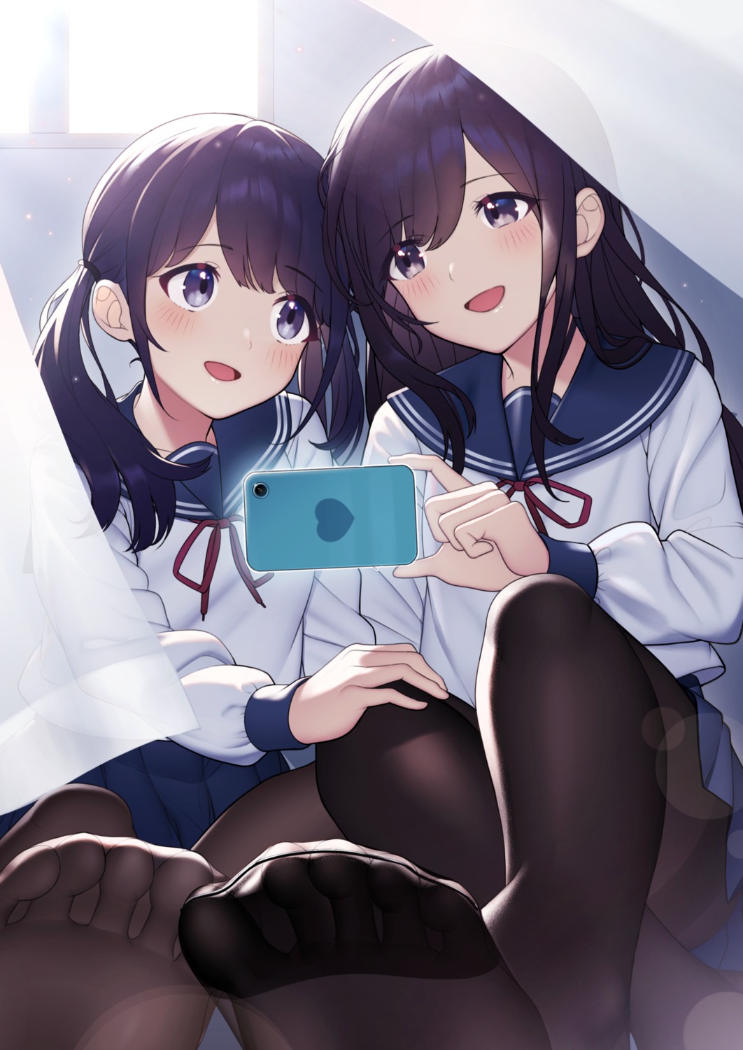 feet, pantyhose, seifuku, skirt_lift, yoshihiro_(yoshihiro12190), yuri