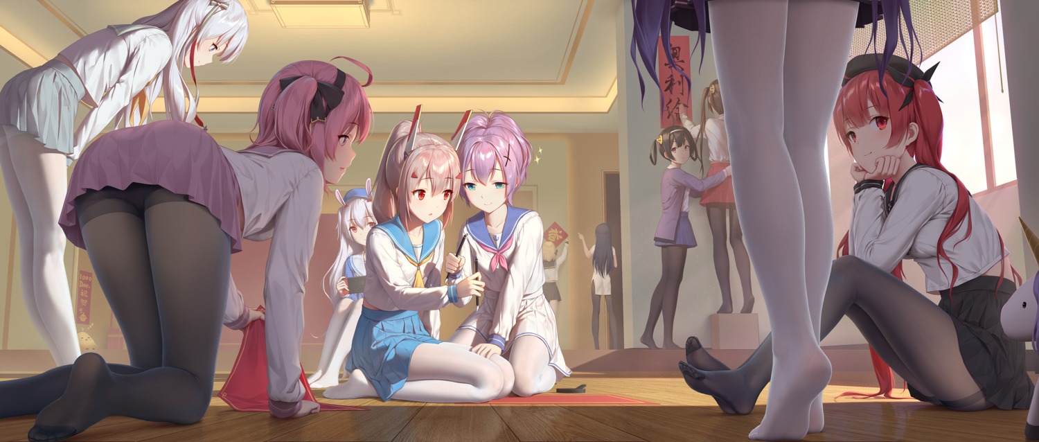 animal_ears, ayanami_(azur_lane), azur_lane, bunny_ears, chinadress, honolulu_(azur_lane), javelin_(azur_lane), laffey_(azur_lane), le_malin_(azur_lane), ning_hai_(azur_lane), pantsu, pantyhose, ping_hai_(azur_lane), saratoga_(azur_lane), seifuku, skirt_lift, tokinohimitsu, unicorn_(azur_lane), z23_(azur_lane)