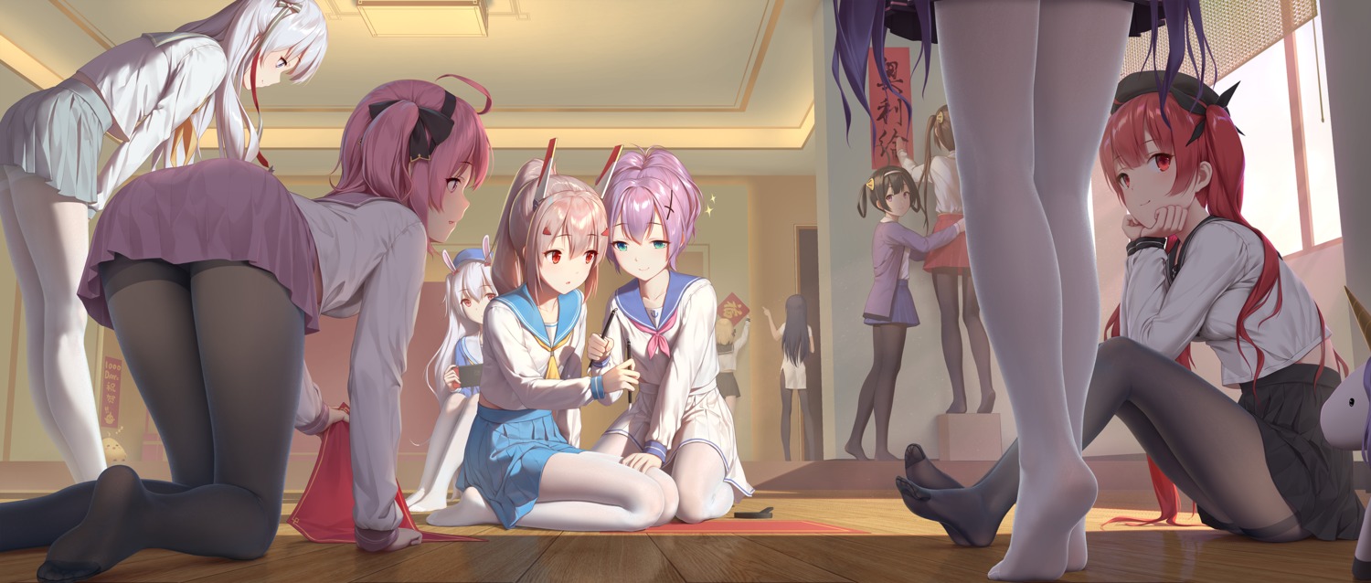animal_ears, ayanami_(azur_lane), azur_lane, bunny_ears, chinadress, honolulu_(azur_lane), javelin_(azur_lane), laffey_(azur_lane), le_malin_(azur_lane), ning_hai_(azur_lane), pantyhose, ping_hai_(azur_lane), saratoga_(azur_lane), seifuku, skirt_lift, tokinohimitsu, unicorn_(azur_lane), z23_(azur_lane)