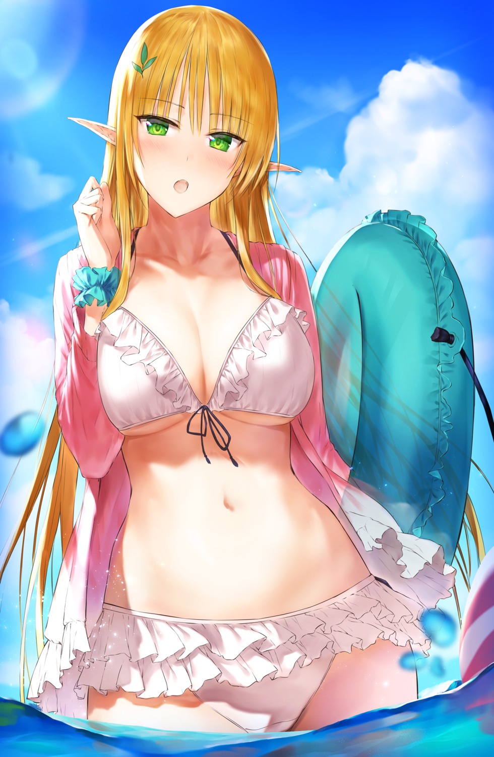akitaka_akita, bikini, cleavage, elf, open_shirt, pointy_ears, swimsuits, wet