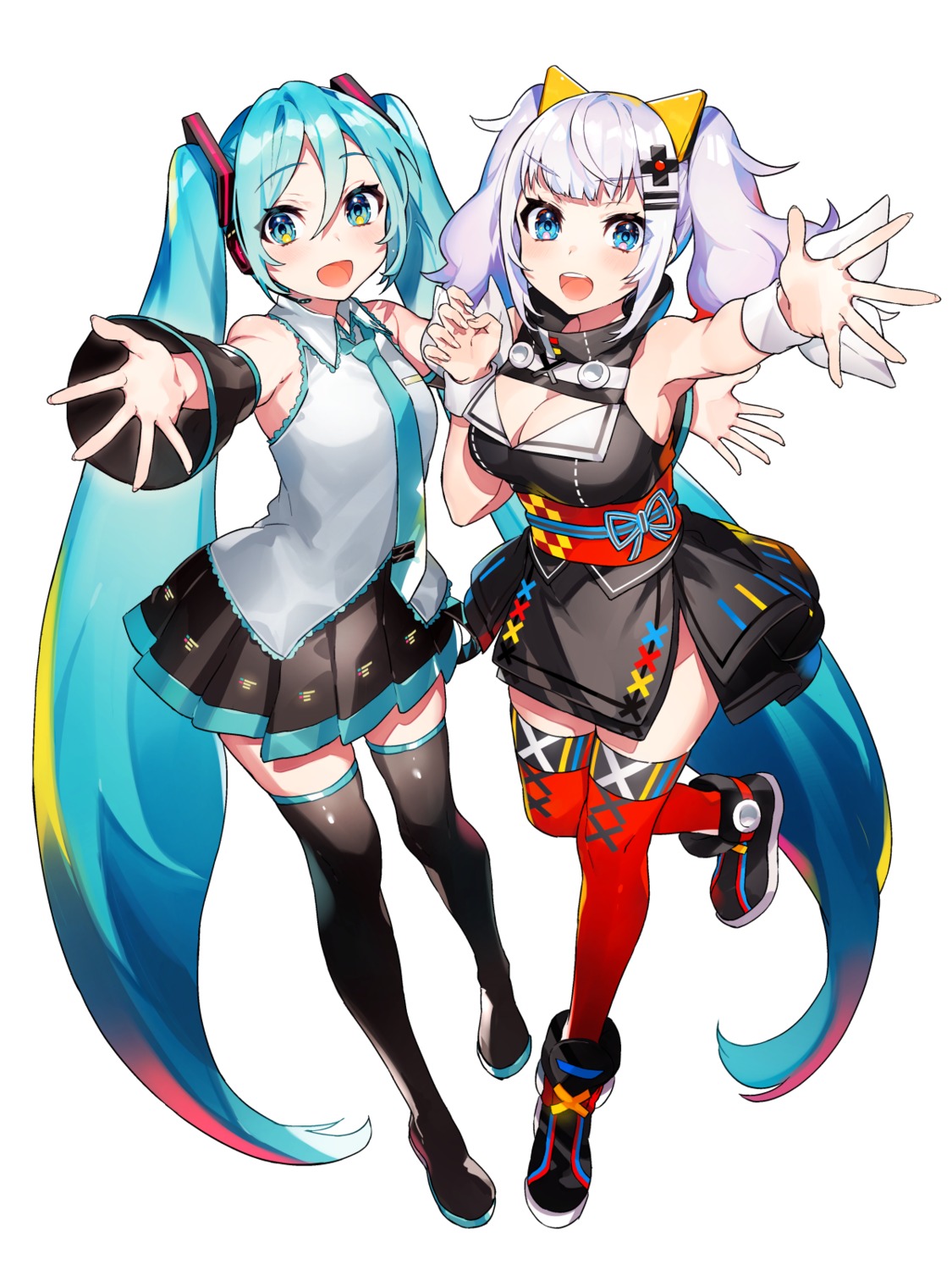 cleavage, crossover, hatsune_miku, headphones, japanese_clothes, kaguya_luna, mika_pikazo, the_moon_studio