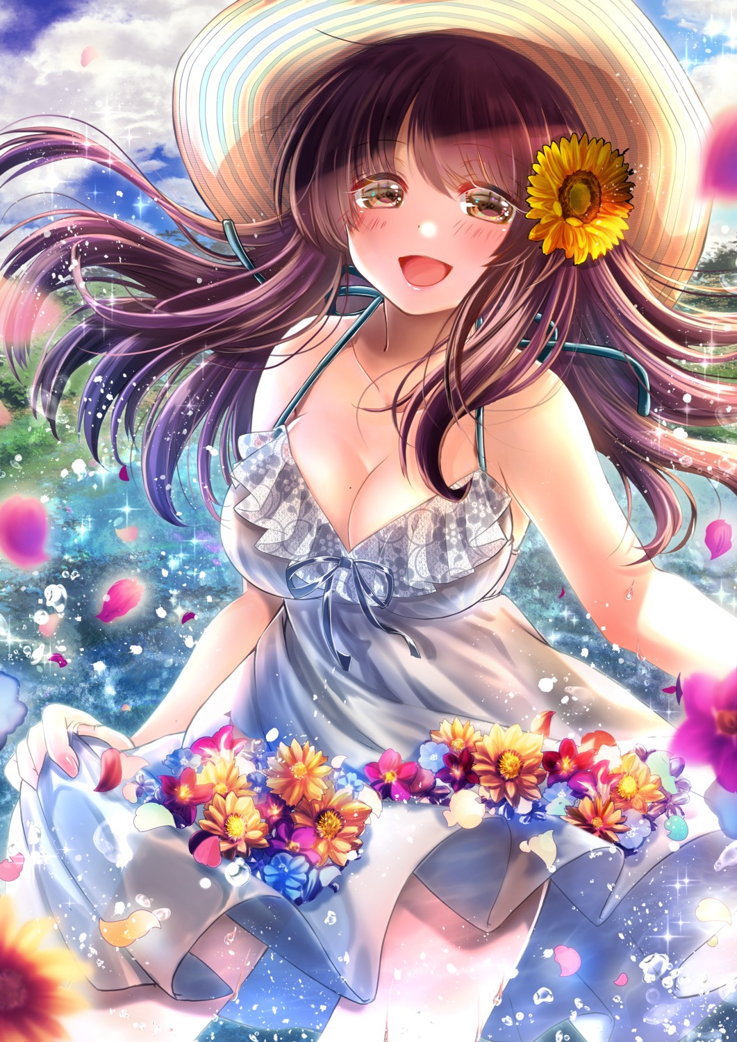 cleavage, dress, no_bra, shimotsukishin, skirt_lift, summer_dress, wet