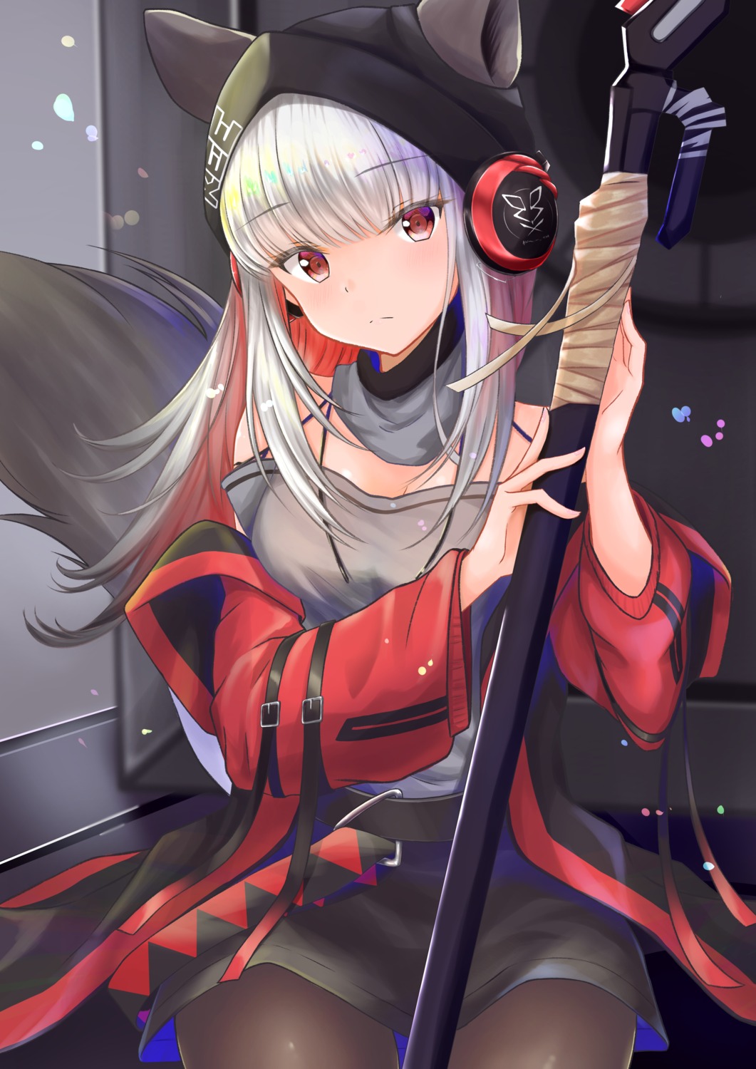 animal_ears, arknights, frostleaf_(arknights), headphones, pantyhose, rgrey00, tail, weapon