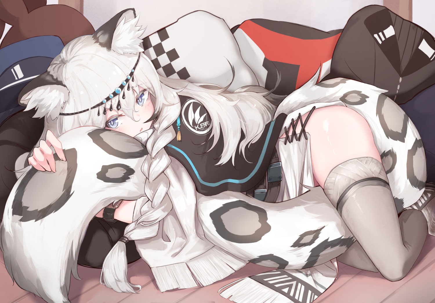 animal_ears, arknights, kashiyarrm, pramanix_(arknights), skirt_lift, tail, thighhighs