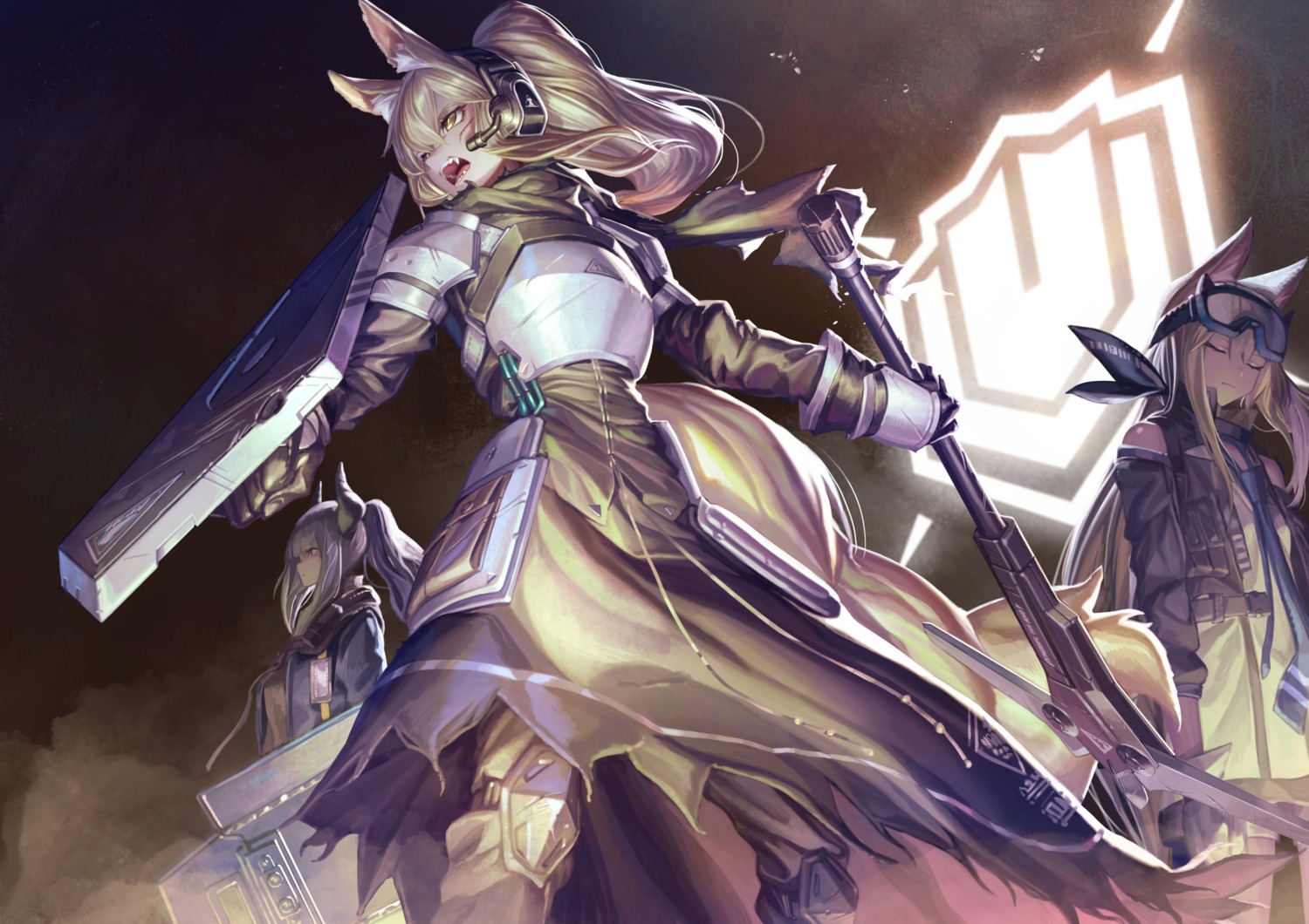 animal_ears, arknights, armor, cardigan_(arknights), gesoking, headphones, liskarm_(arknights), nearl_(arknights)