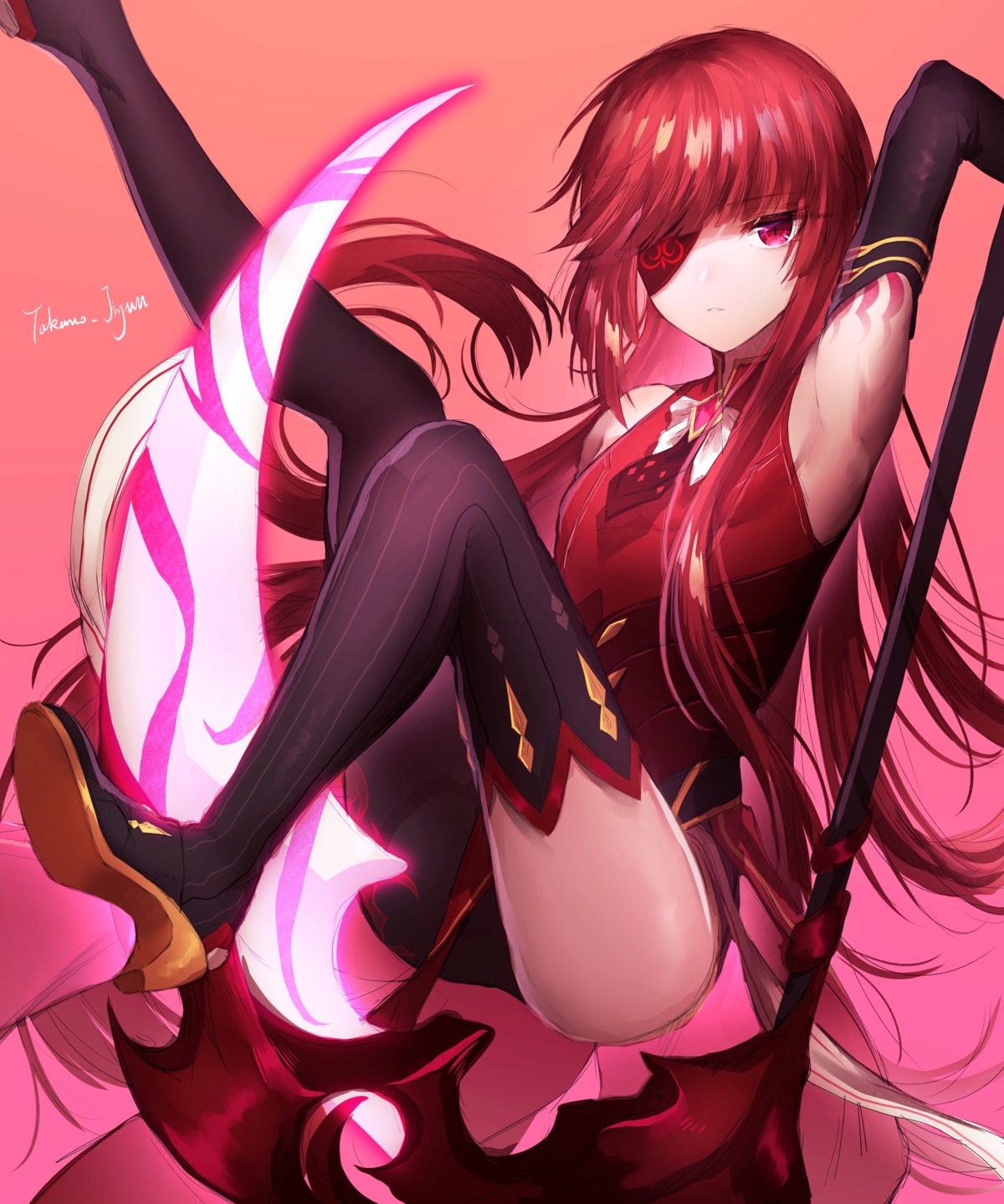 elsword, eyepatch, heels, takano_jiyuu, tattoo, thighhighs, weapon