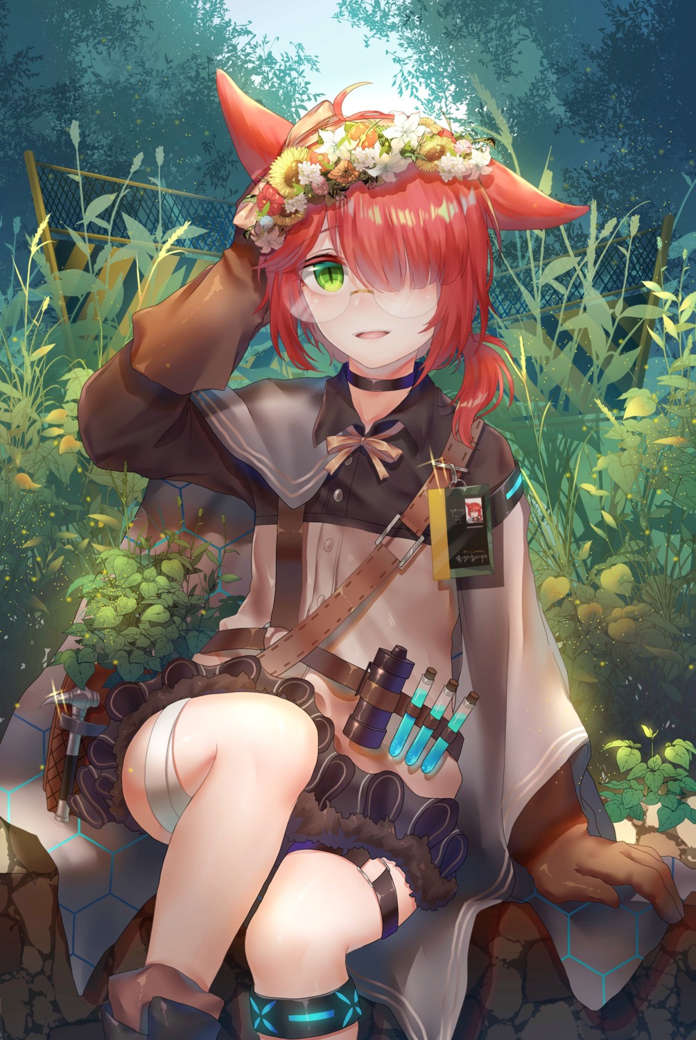 animal_ears, arknights, bandages, garter, megane, myrrh_(arknights), see_through, skirt_lift