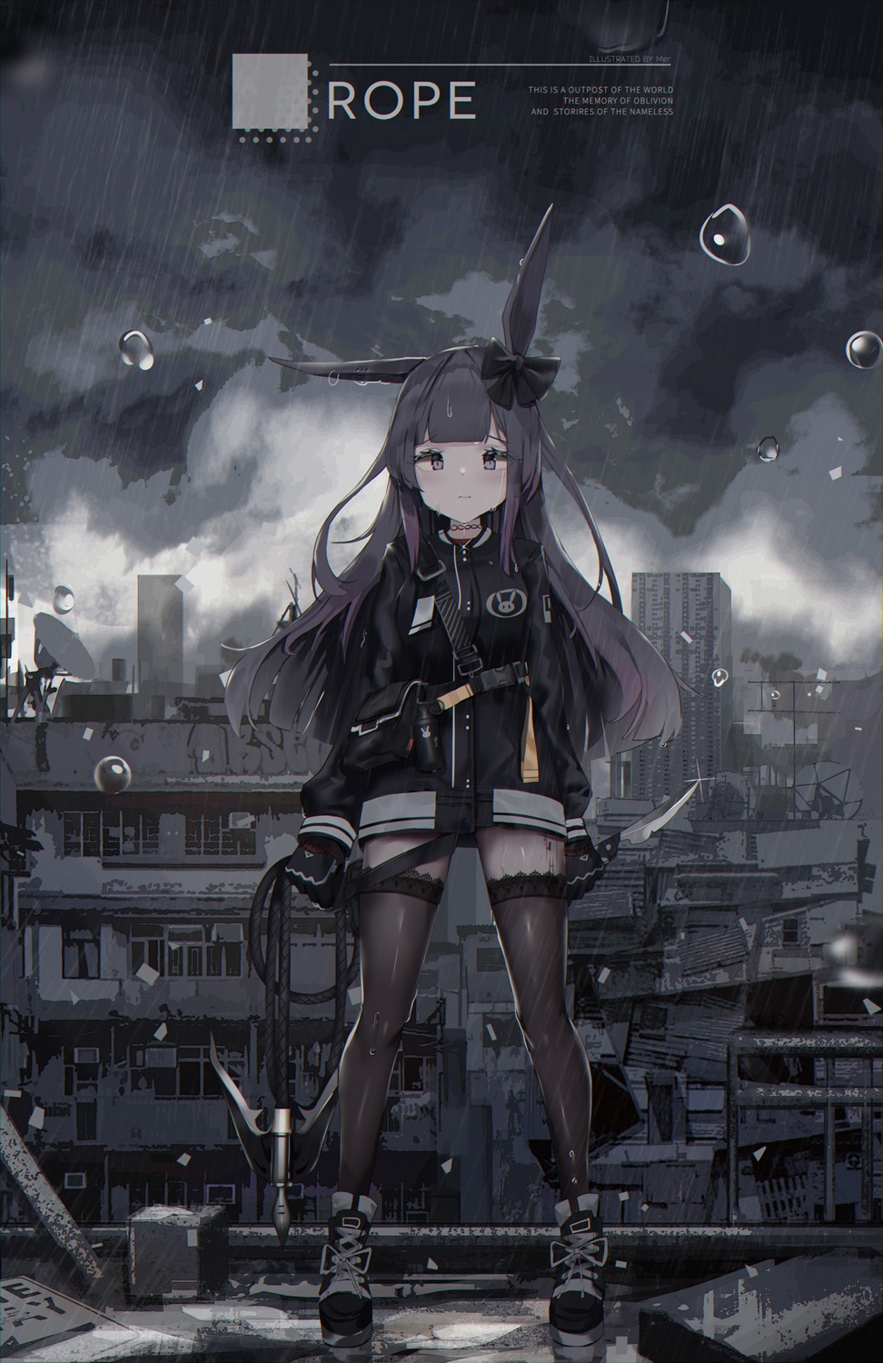 animal_ears, arknights, bunny_ears, mer_(pixiv38351312), rope_(arknights), thighhighs, uniform, weapon