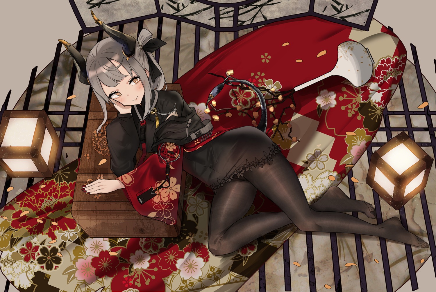 arknights, asian_clothes, feet, horns, liskarm_(arknights), mer_(pixiv38351312), pantyhose, skirt_lift, tail