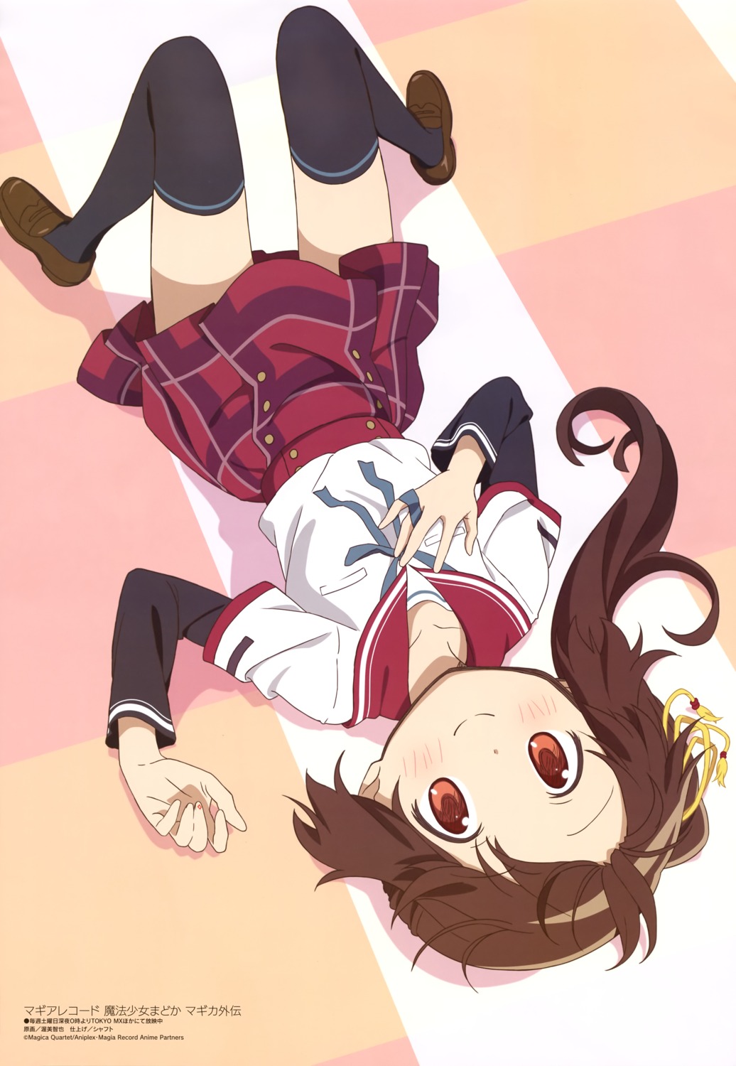atsumi_tomoya, breast_hold, magia_record:_mahou_shoujo_madoka_magica_gaiden, mahou_shoujo_madoka_magica, seifuku, skirt_lift, thighhighs, yui_tsuruno