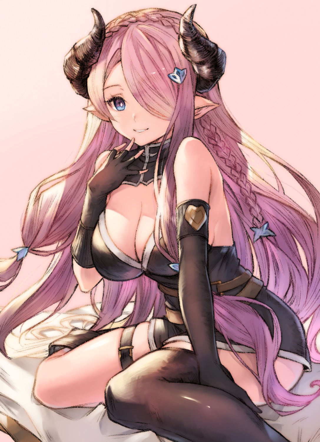 cleavage, garter, granblue_fantasy, horns, koretsuki_azuma, narumeia_(granblue_fantasy), pointy_ears, thighhighs