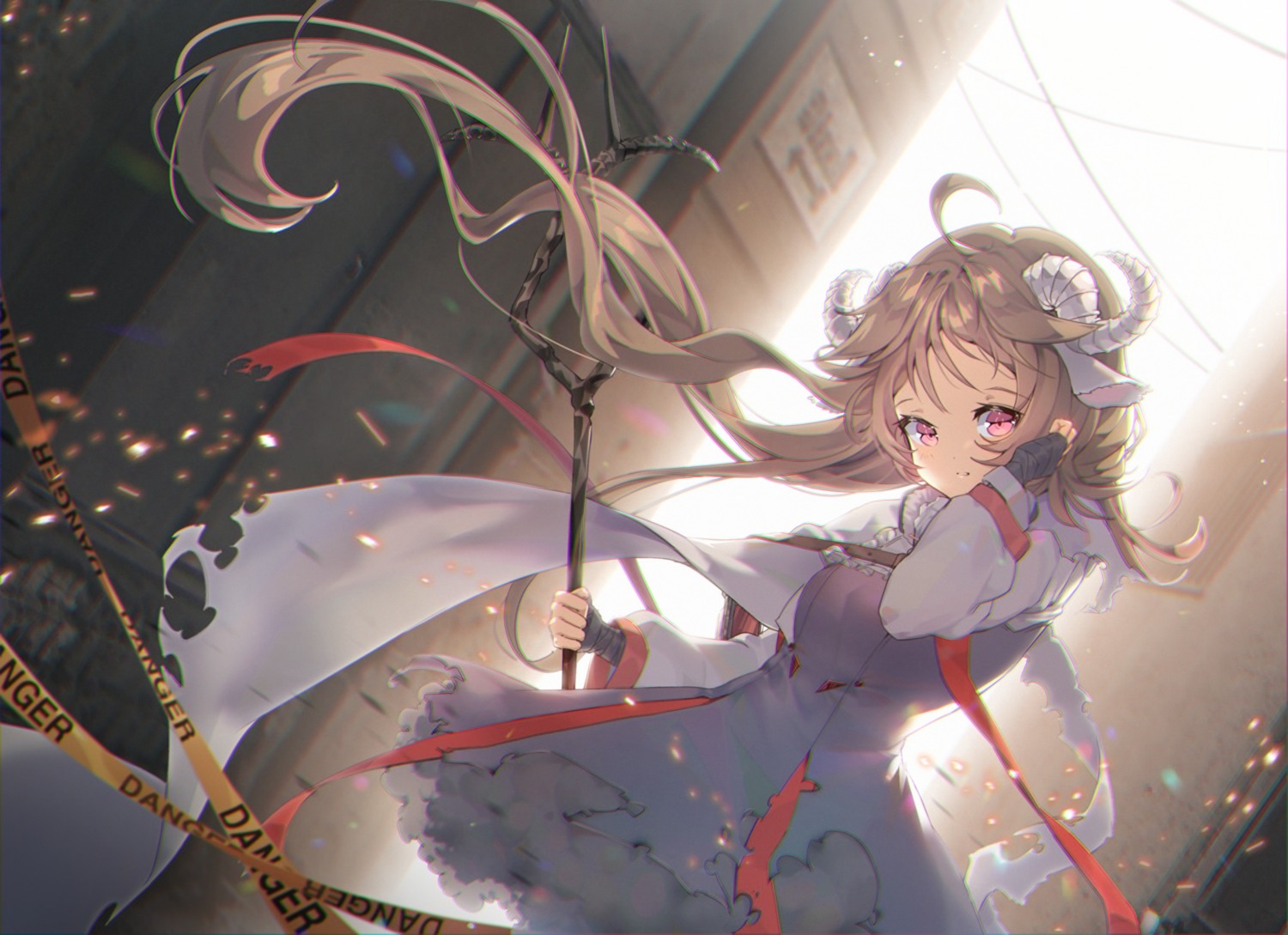 animal_ears, arknights, bandages, dai_nikucho, dress, eyjafjalla_(arknights), horns, weapon
