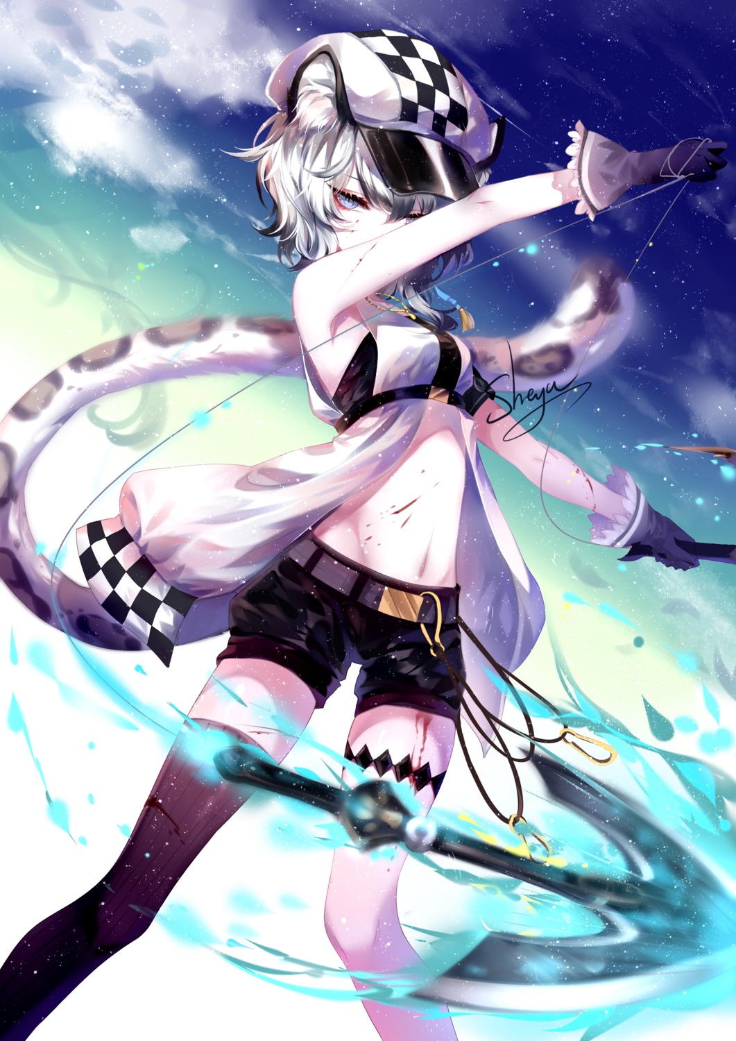 animal_ears, arknights, blood, cliffheart_(arknights), garter, see_through, sheya, tail
