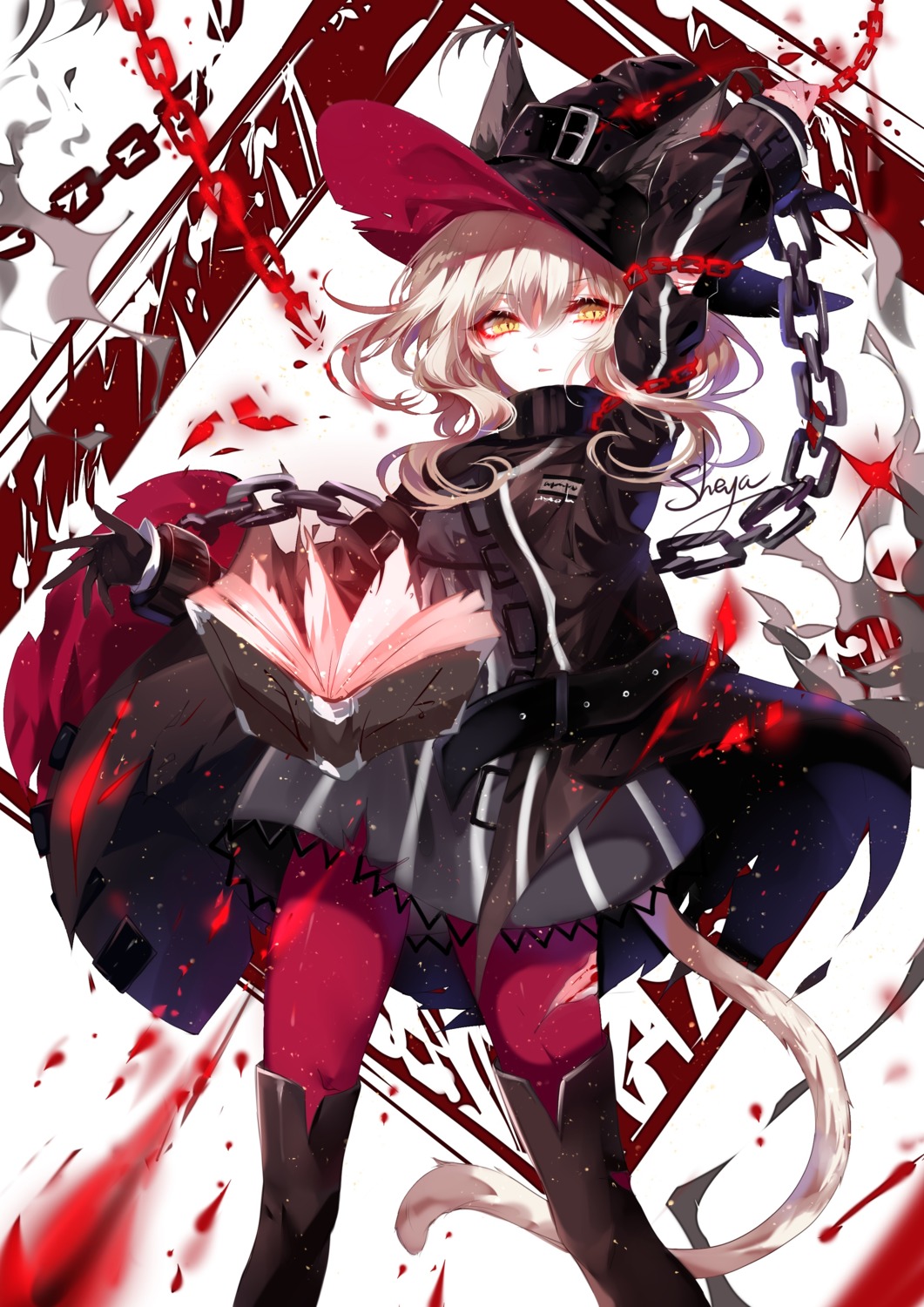 animal_ears, arknights, haze_(arknights), pantyhose, sheya, tail, thighhighs, torn_clothes, witch