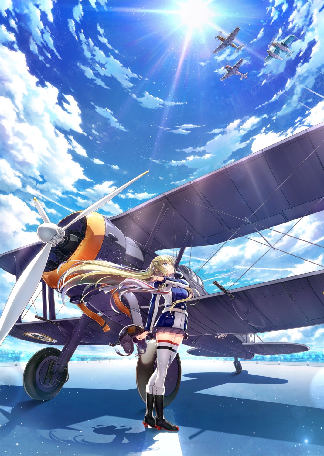 claudia_bruford, fujima_takuya, heels, landscape, senyoku_no_sigrdrifa, thighhighs, uniform