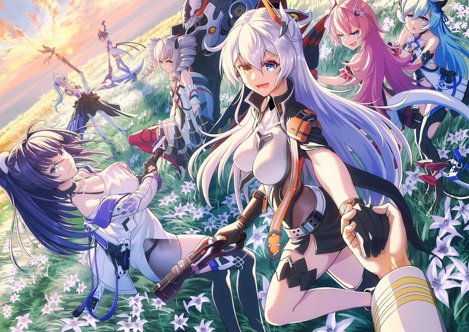 benghuai_xueyuan, bronya_zaychik, garter, gotointhepark, gun, heterochromia, honkai_impact, kiana_kaslana, liliya_olenyeva, raiden_mei, rita_rossweisse, rozaliya_olenyeva, thighhighs, weapon