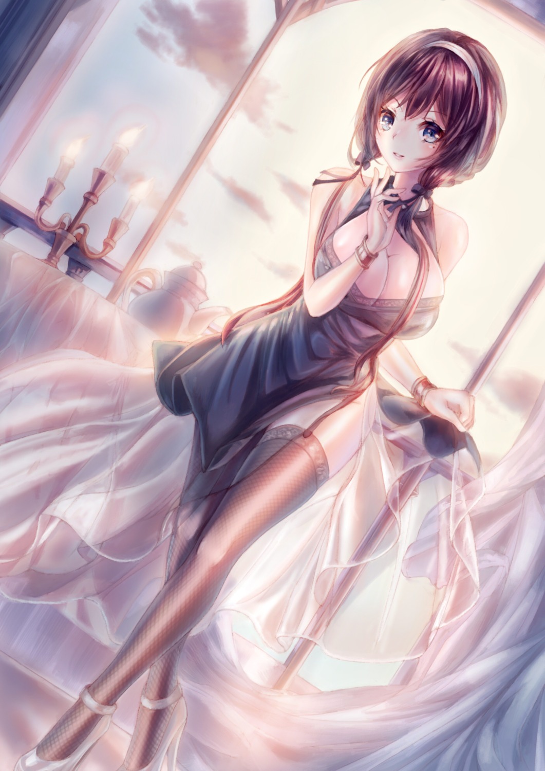 cleavage, dress, fishnets, heels, stockings, thighhighs, yamika