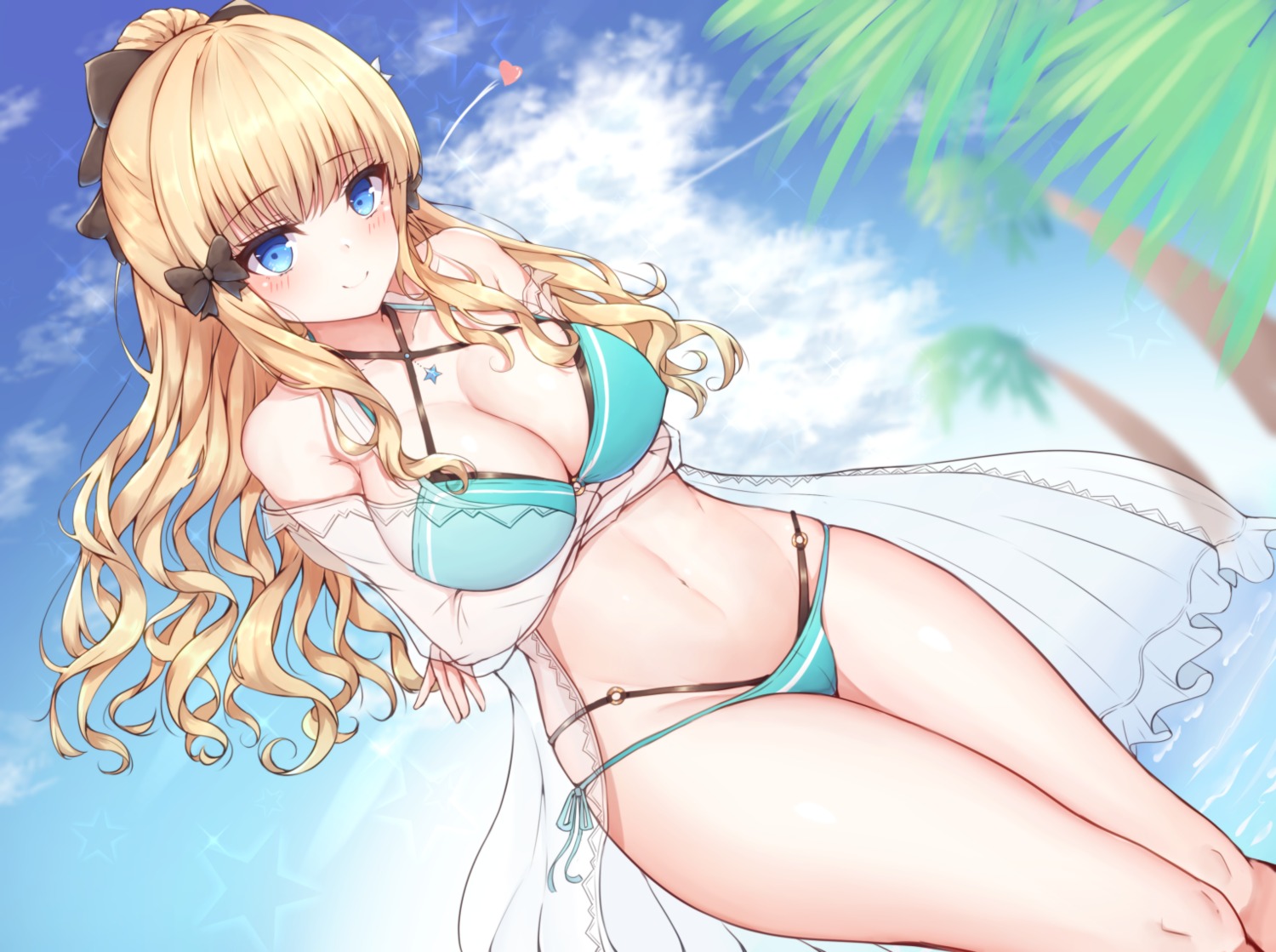 bikini, breast_hold, cleavage, open_shirt, princess_connect!, princess_connect!_re:dive, ryakusun, sasaki_saren, see_through, swimsuits