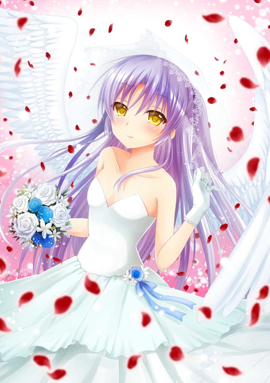 angel_beats!, chibinon, dress, no_bra, tachibana_kanade, wedding_dress, wings