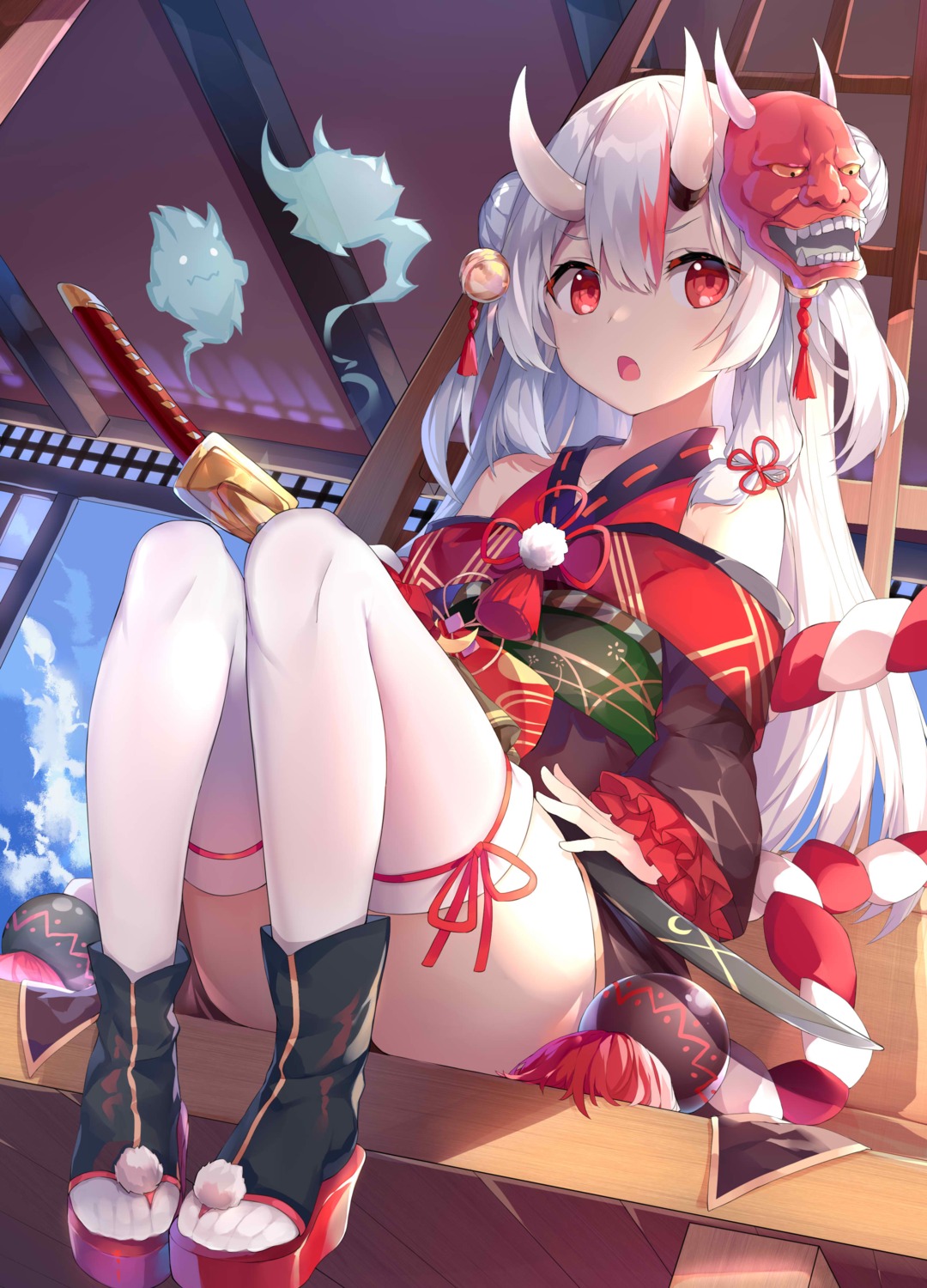 hololive, horns, japanese_clothes, nakiri_ayame, sword, thighhighs, wawazi