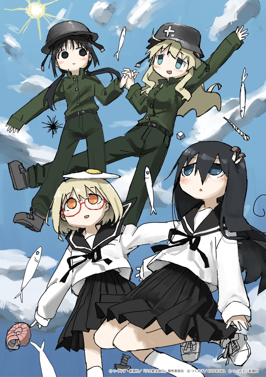 chito_(shoujo_shuumatsu_ryokou), crossover, megane, seifuku, shimeji_simulation, shoujo_shuumatsu_ryokou, tsukumizu, uniform, yuri_(shoujo_shuumatsu_ryokou)