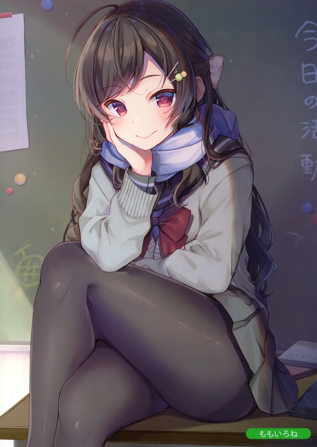momoirone, pantyhose, seifuku, skirt_lift, sweater