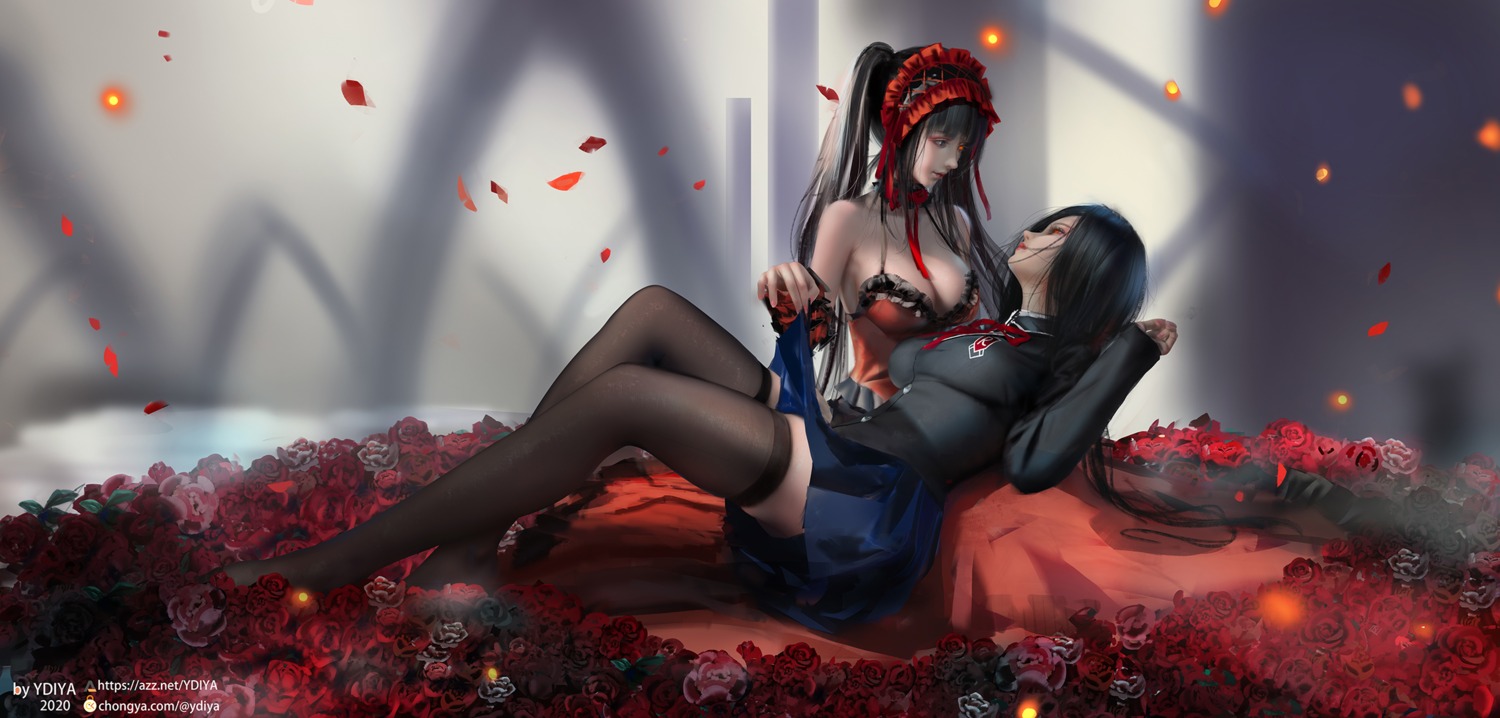 date_a_live, gothic_lolita, heterochromia, lolita_fashion, seifuku, skirt_lift, thighhighs, tokisaki_kurumi, ydiya, yuri